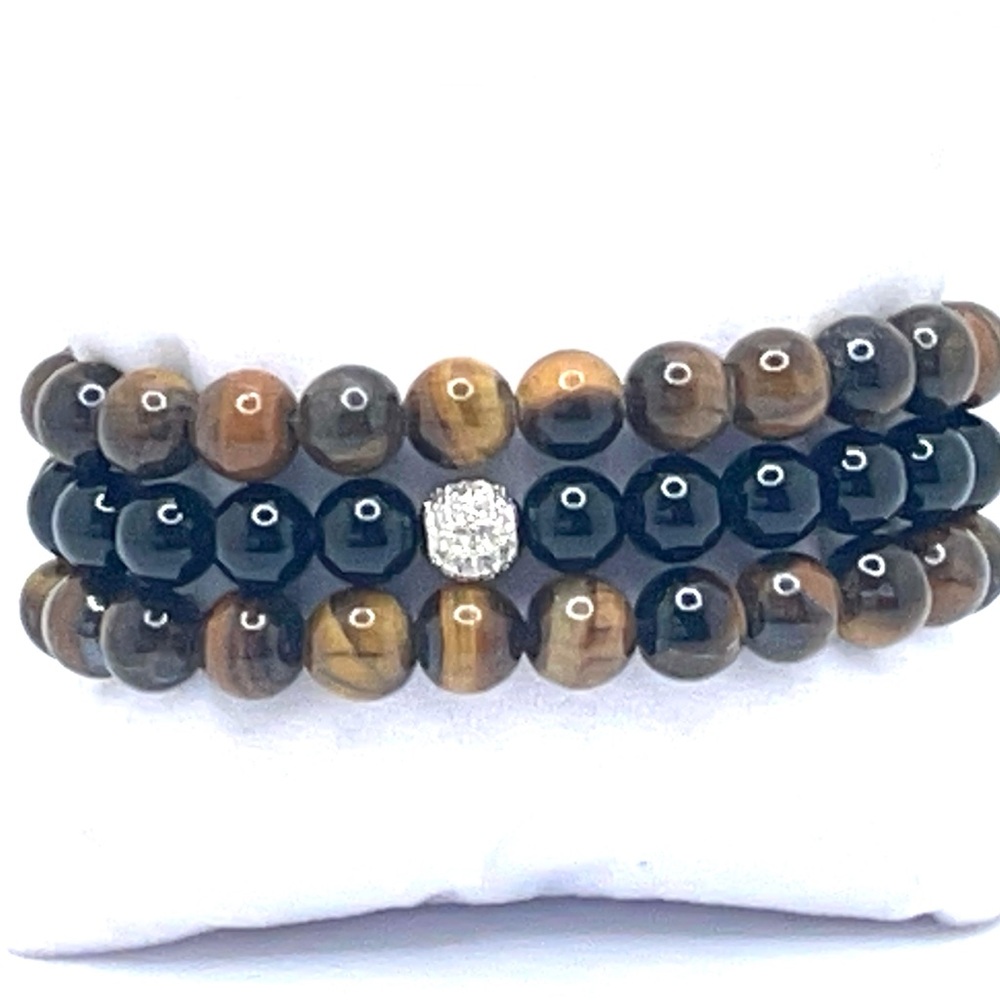 Aura- 3 bracket set 2 tigers eye and 1 onyx with Swarovski crystal diamond look
